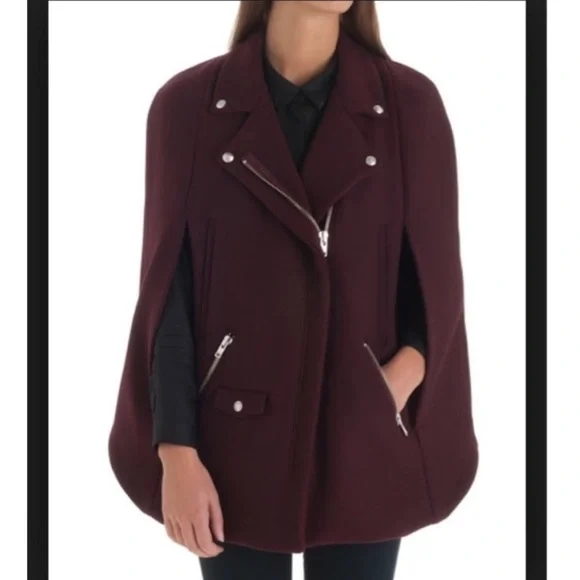 The Kooples Burgundy Moto Cape Coat Jacket - Picture 2 of 16